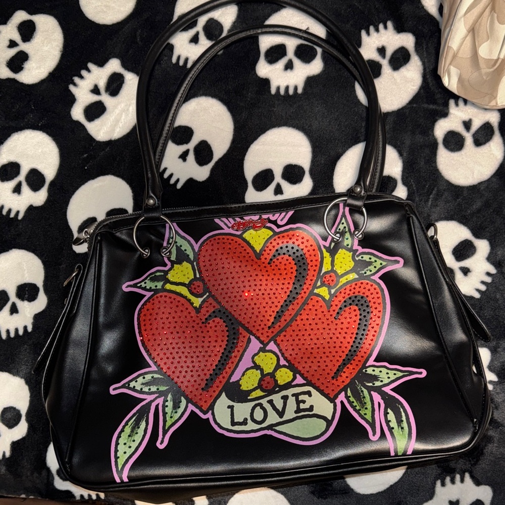 Ed Hardy Black Tote with Red & Pink Heart Graphic